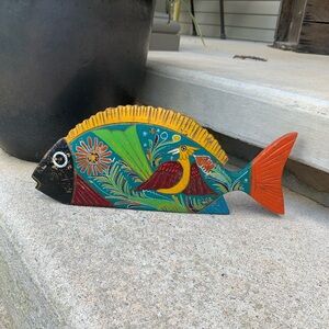 Mexican Folkart Multicolored Wooden Handpainted Fish Chippy Bird Floral